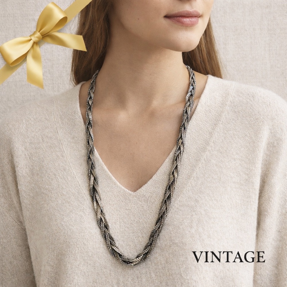 Vintage Silver Tone Braided Rope Necklace 26 Inch